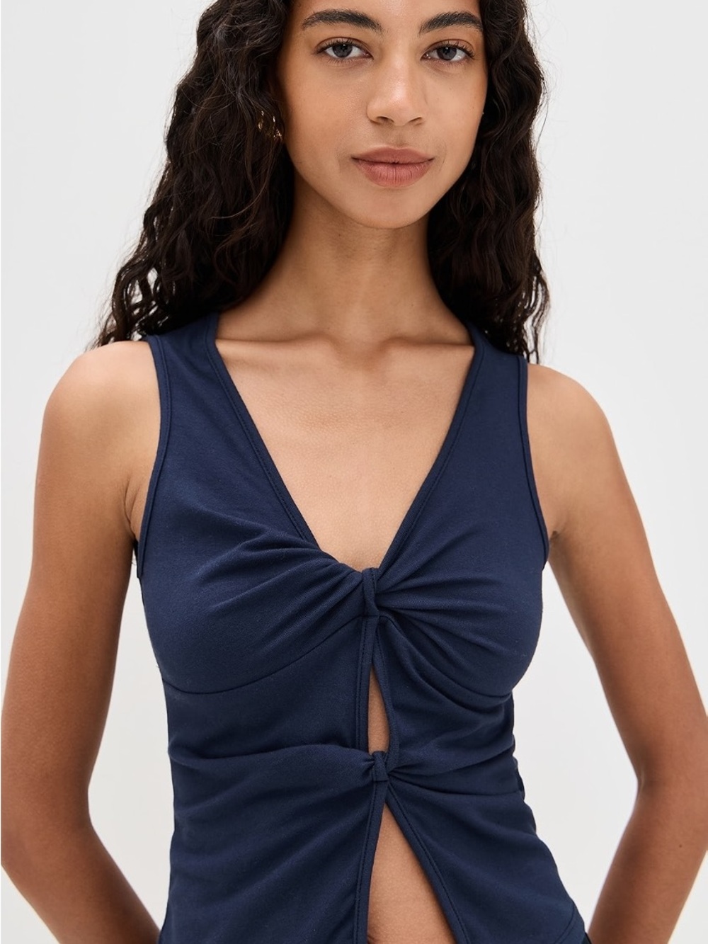 Navy Twist-Front Sleeveless Top